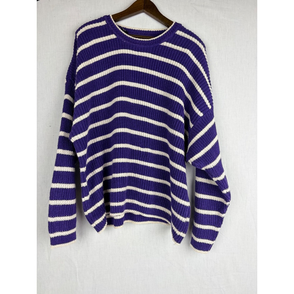 Chaus Sport L Purple White Striped Oversized Chunky Knit Crewneck Sweater - Picture 2 of 14